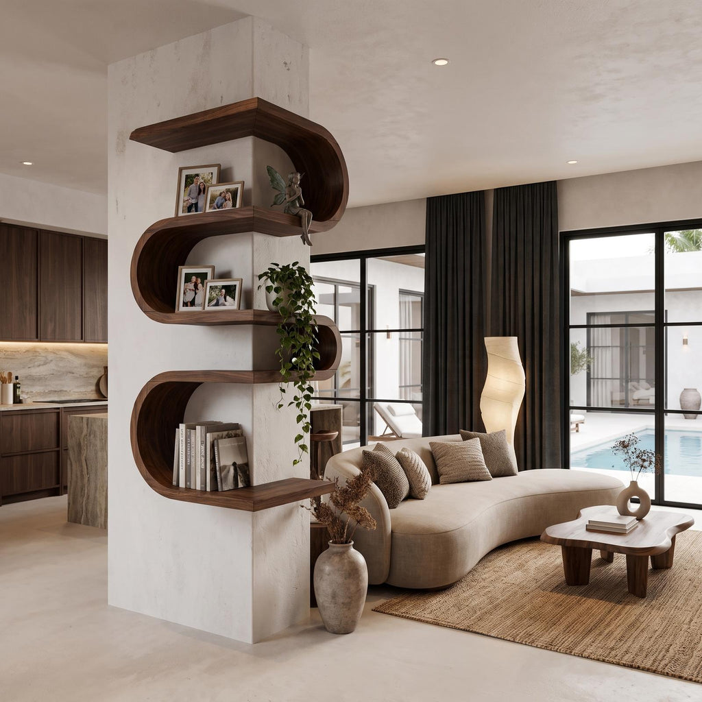 Sculptural Corner Wall Bookshelf Handcrafted Curved Design For Living Room
