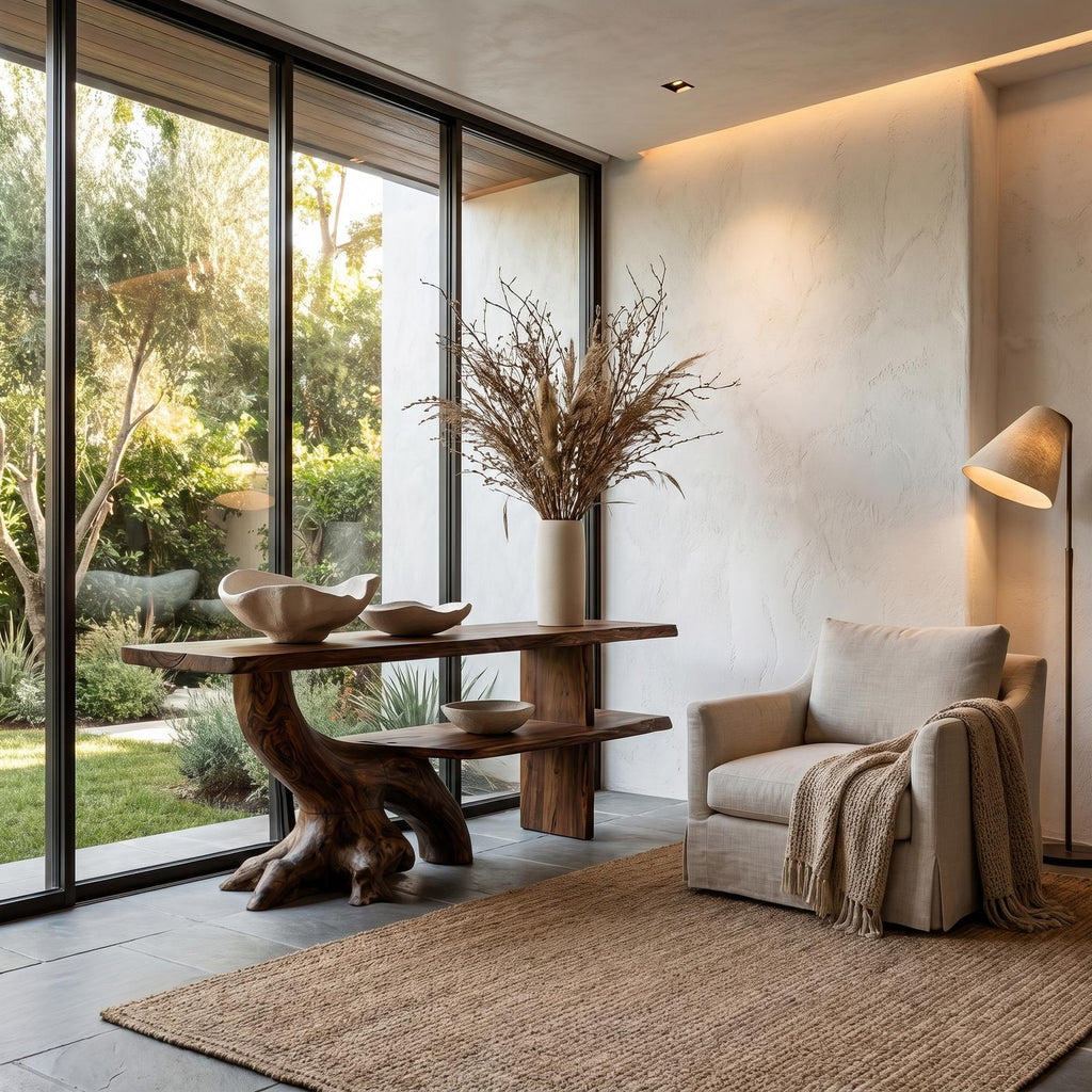 Organic Wood Console Table with Sculptural Tree Branch Base, Rustic Entryway & Living Room Accent Foyer Table