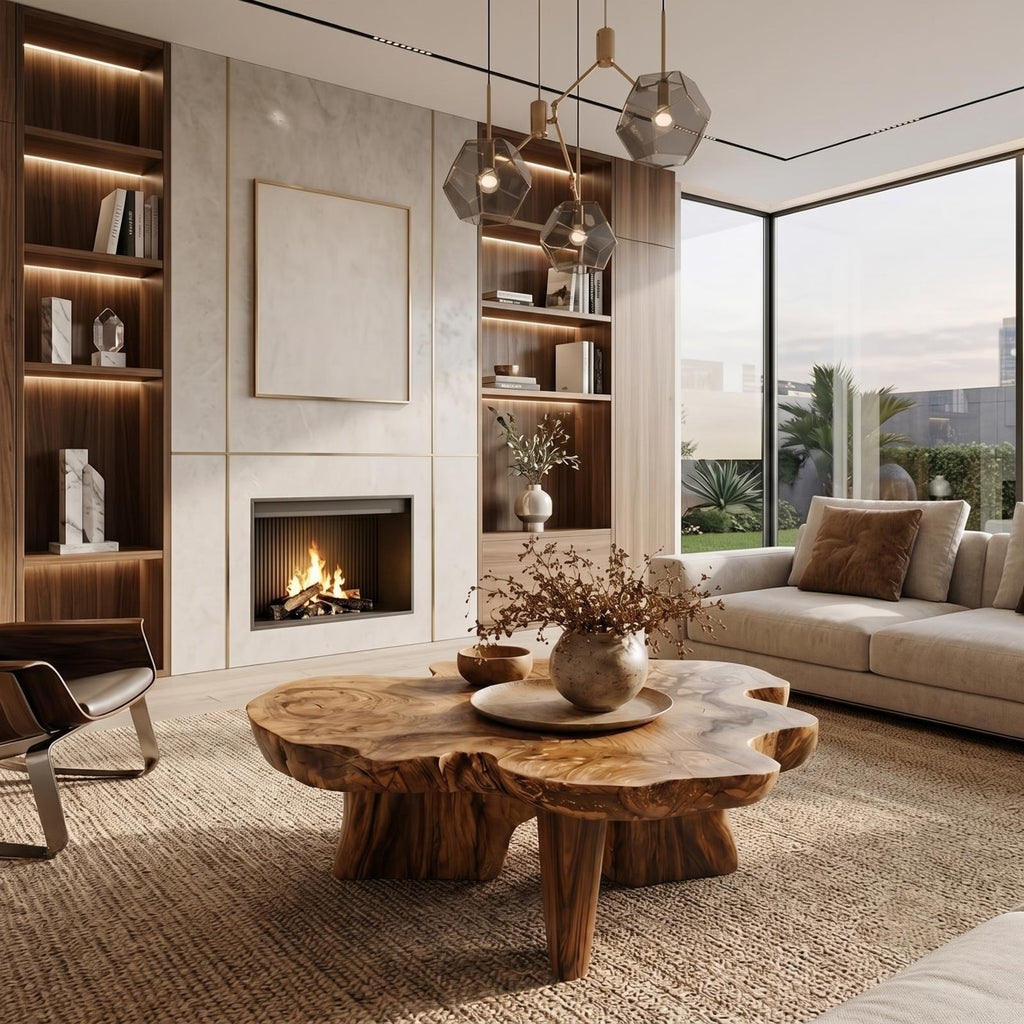 Organic Coffee Table with Sculptural Solid Wood Base, Modern Rustic Center Table for Living Room