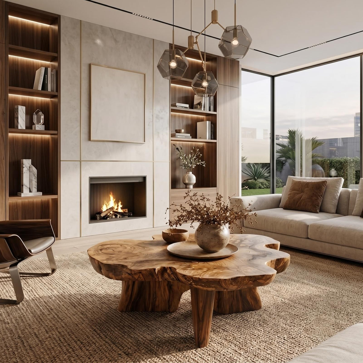 Organic Coffee Table with Sculptural Solid Wood Base, Modern Rustic Center Table for Living Room