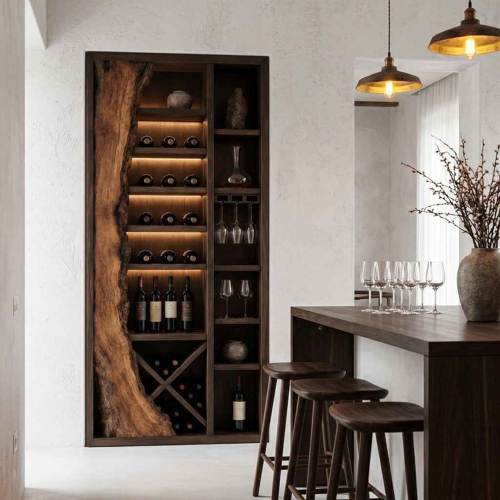 Rustic Wood Wine Cabinet, Live Edge Inlay & Built-In Bottle Storage Bar Credenza for Dining Room