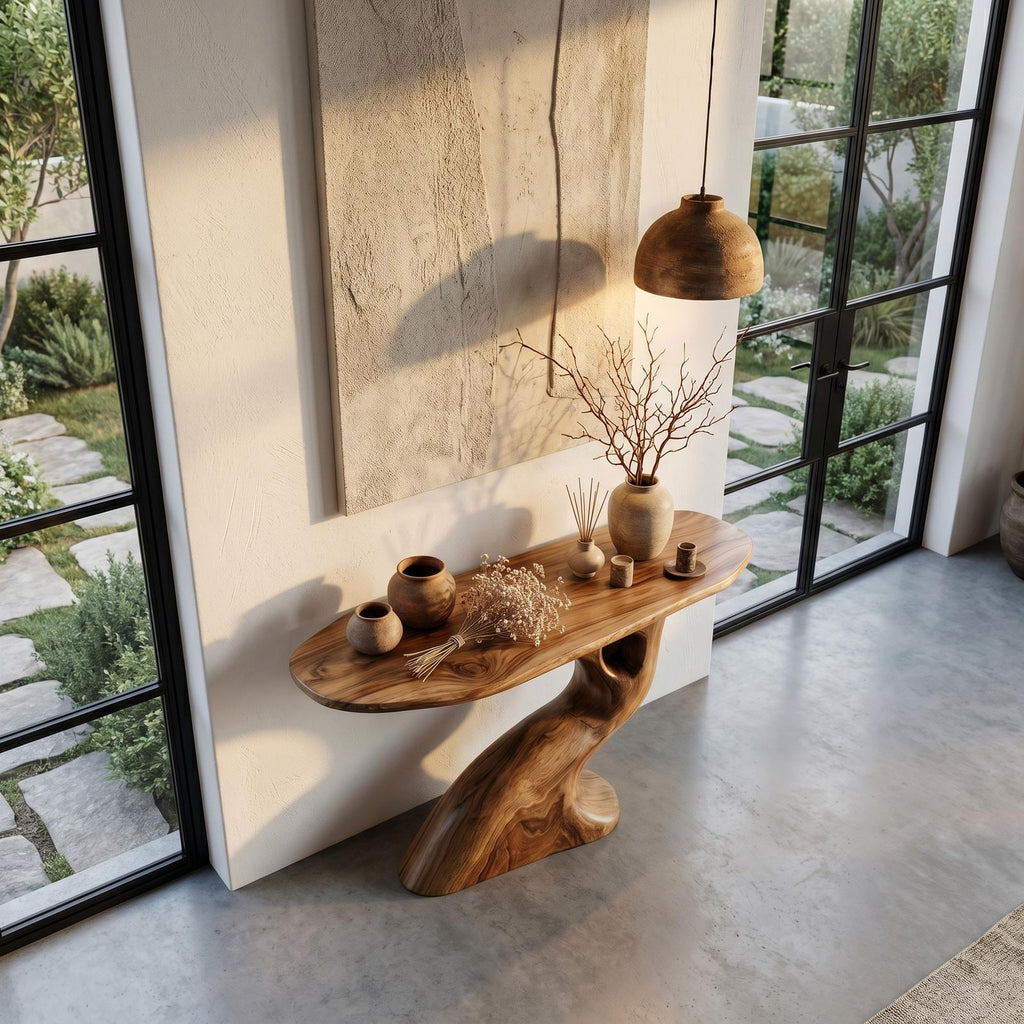 Tree-Inspired Console Table with Sculptural Wood Structure, Handcrafted Solid Wood Live Edge Entryway & Foyer Table
