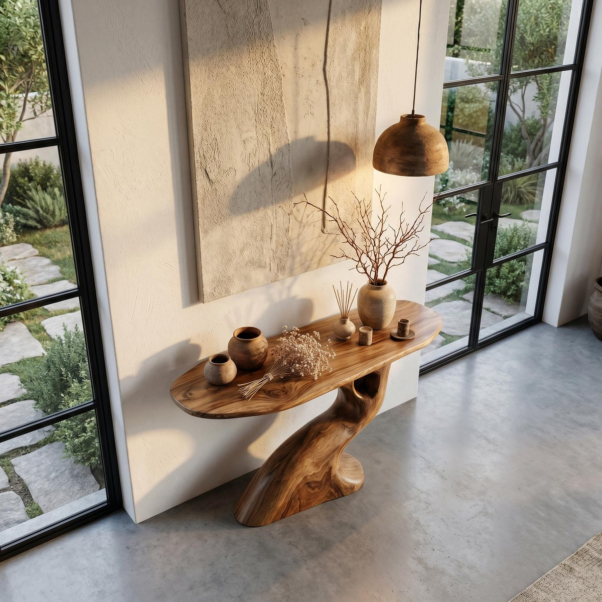 Tree-Inspired Console Table with Sculptural Wood Structure, Handcrafted Solid Wood Live Edge Entryway & Foyer Table