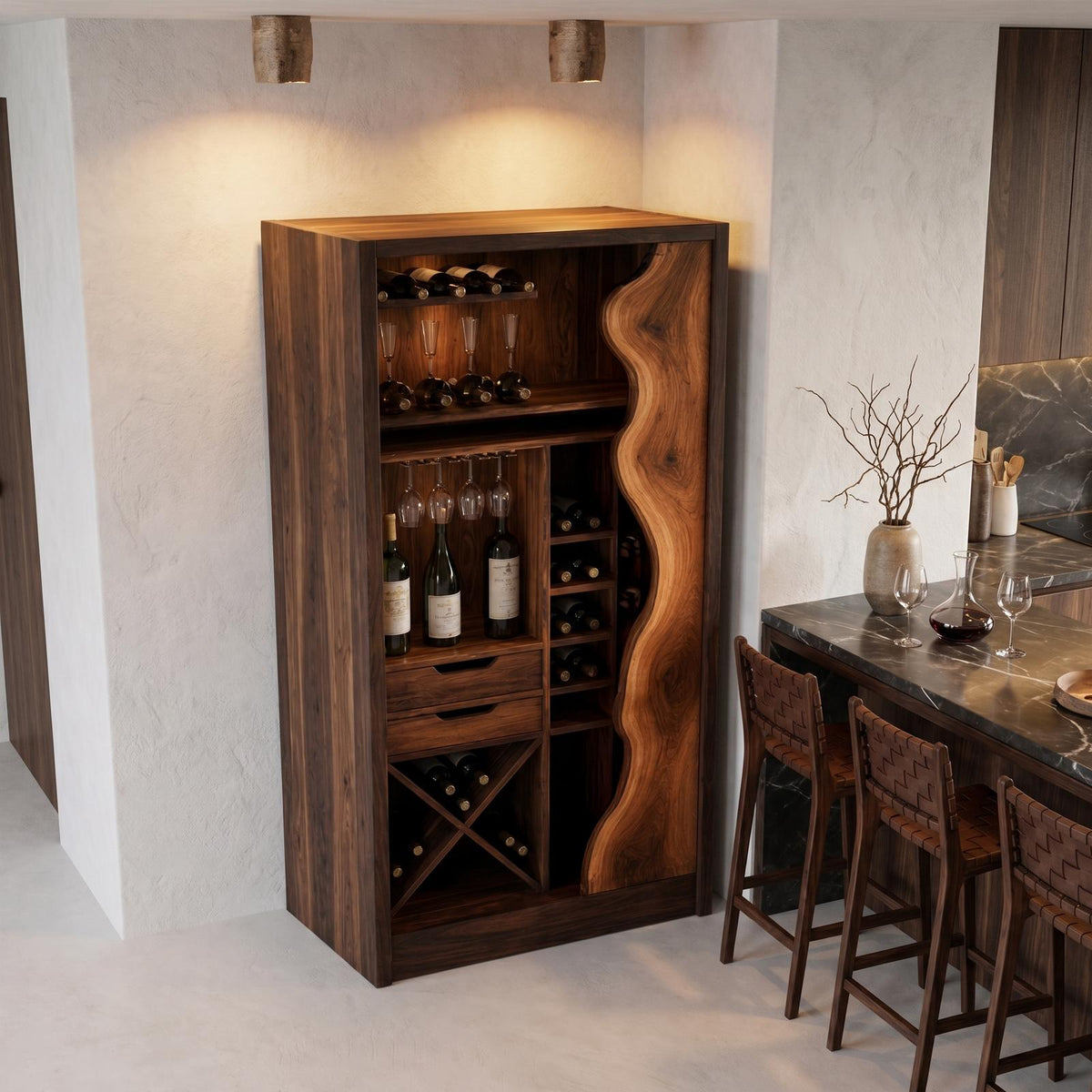 Farmhouse Wood Wine Cabinet with Built-In Bottle Storage, Bar Sideboard Buffet for Dining Room