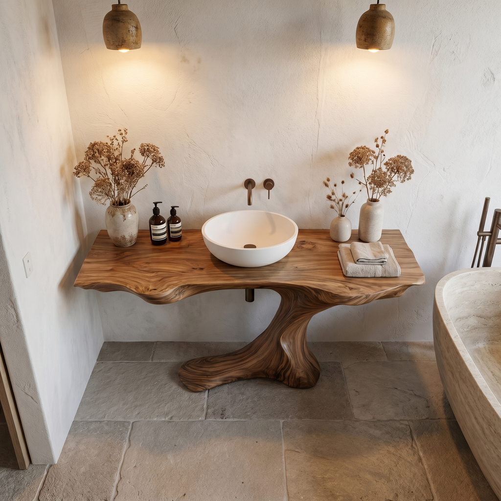 Rustic Organic Bathroom Vanity with Live Edge Countertop & Sculptural Tree Root Base, Wooden Sink Cabinet