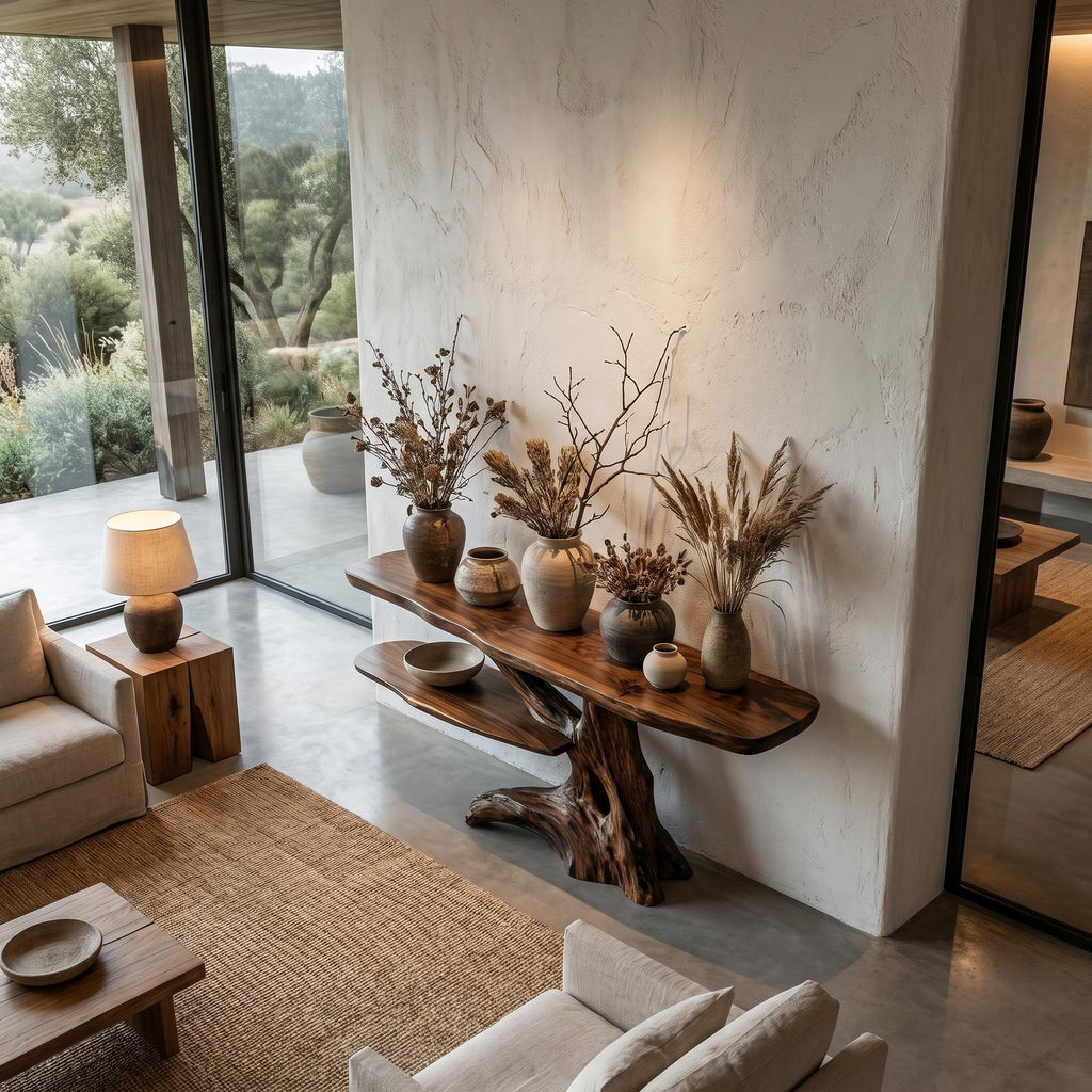 Contemporary Console Table with Sculptural Solid Wood Root Design, Handcrafted Live Edge Entryway & Hallway Table