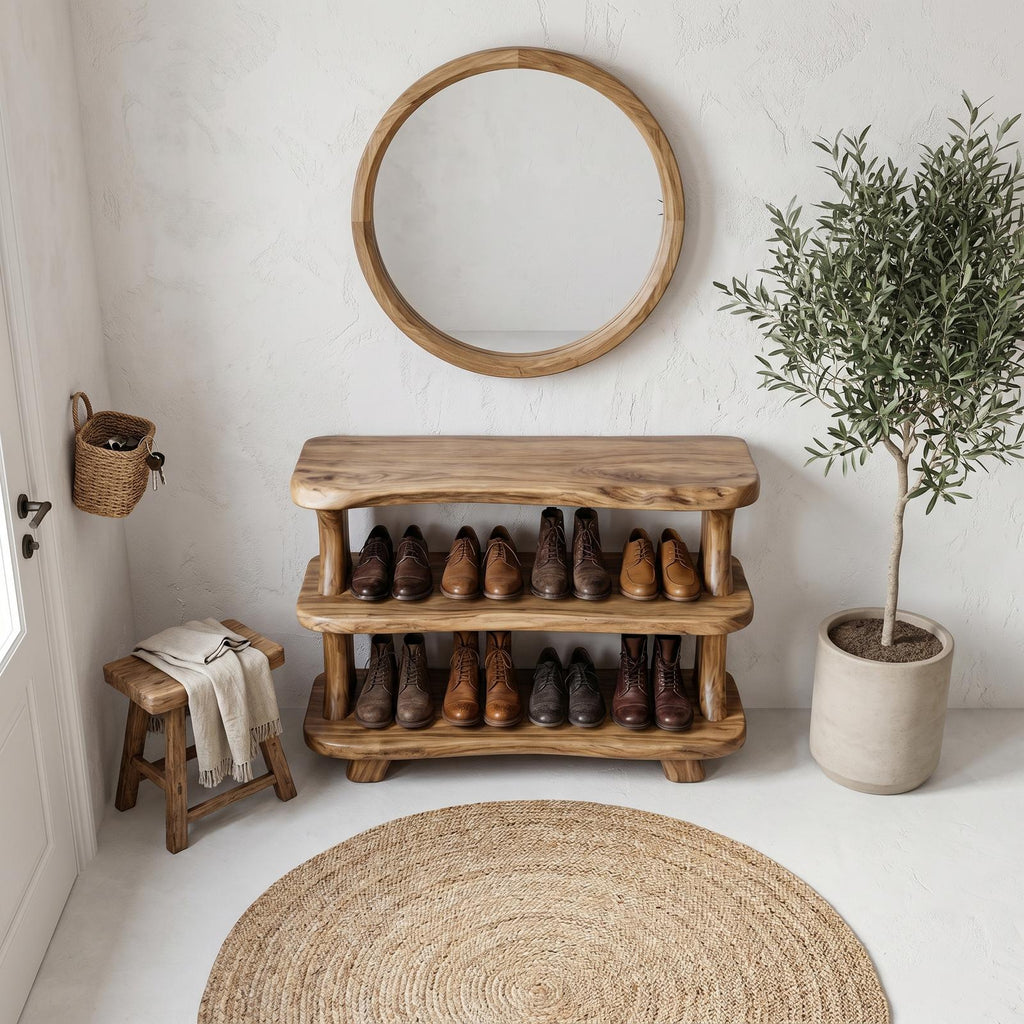 Modern Wooden Shoe Rack, Sculptural Entryway Organizer Closet Cabinet with Shelves