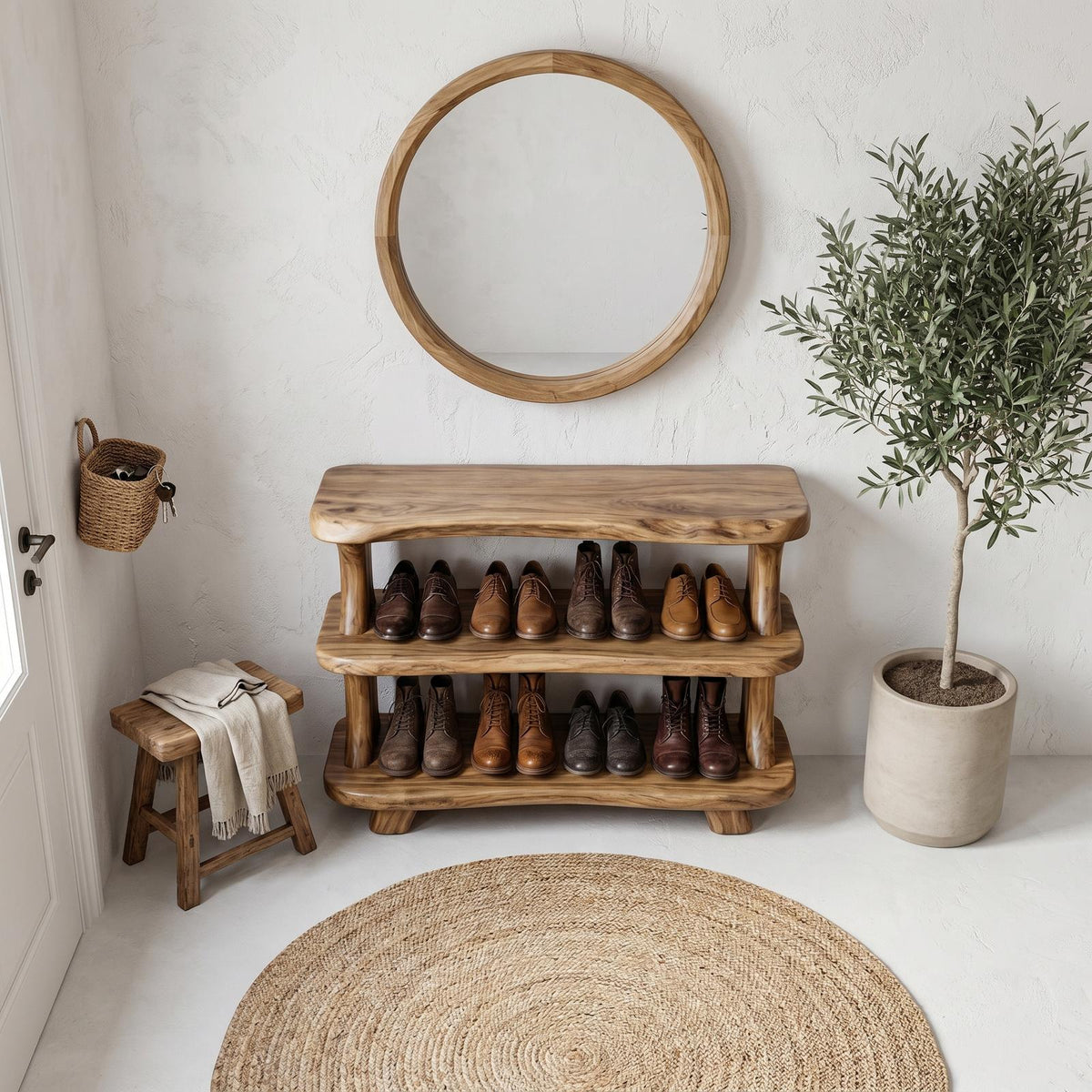 Modern Wooden Shoe Rack, Sculptural Entryway Organizer Closet Cabinet with Shelves
