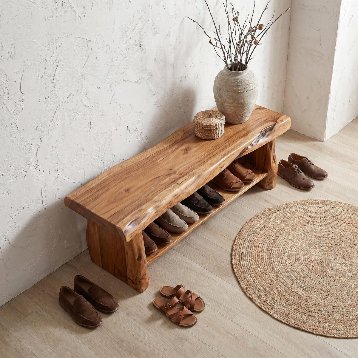 Rustic Solid Wood Shoe Bench, Natural Entryway Shoe Organizer Rack & Seat with Storage