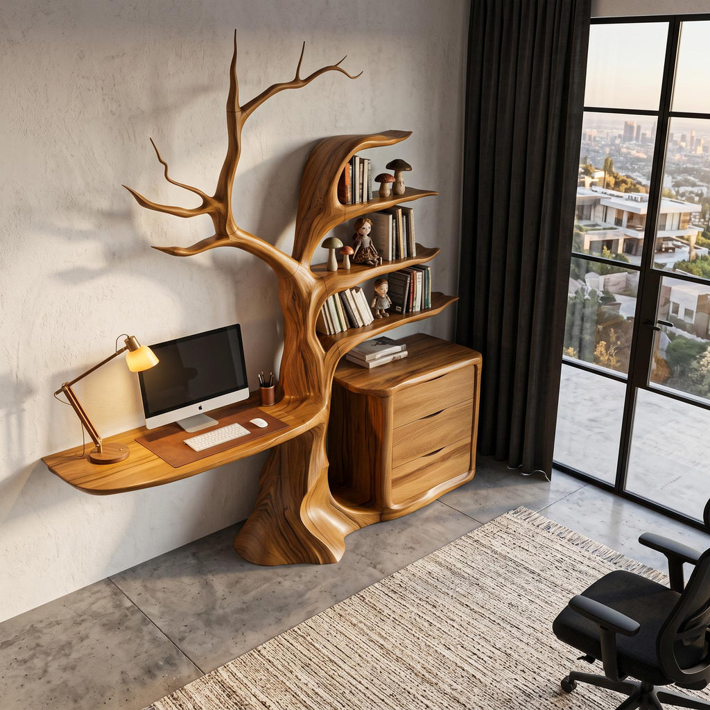 Natural Floating Desk With Sculptural Tree Bookshelf For Home Office