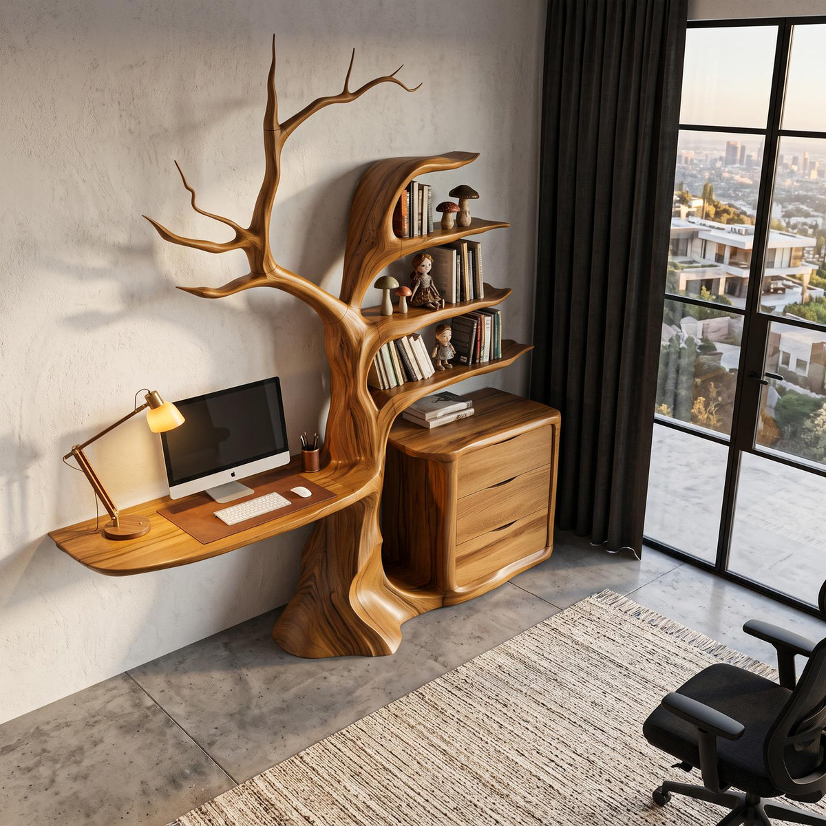 Natural Floating Desk With Sculptural Tree Bookshelf For Home Office