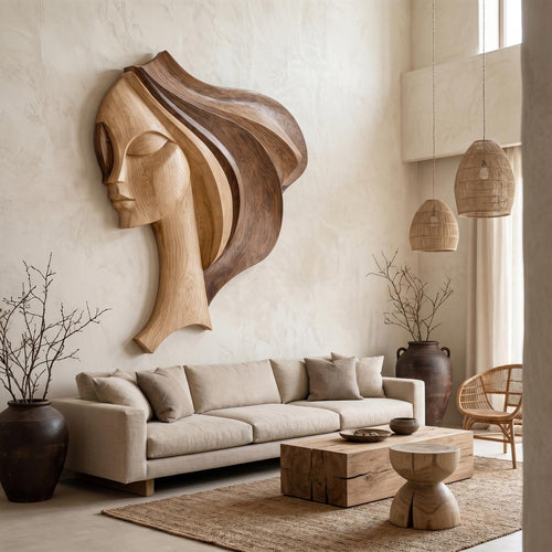 Abstract Female Face Wood Wall Art Sculpture, Handcrafted Geometric Portrait Panel for Living Room Decor