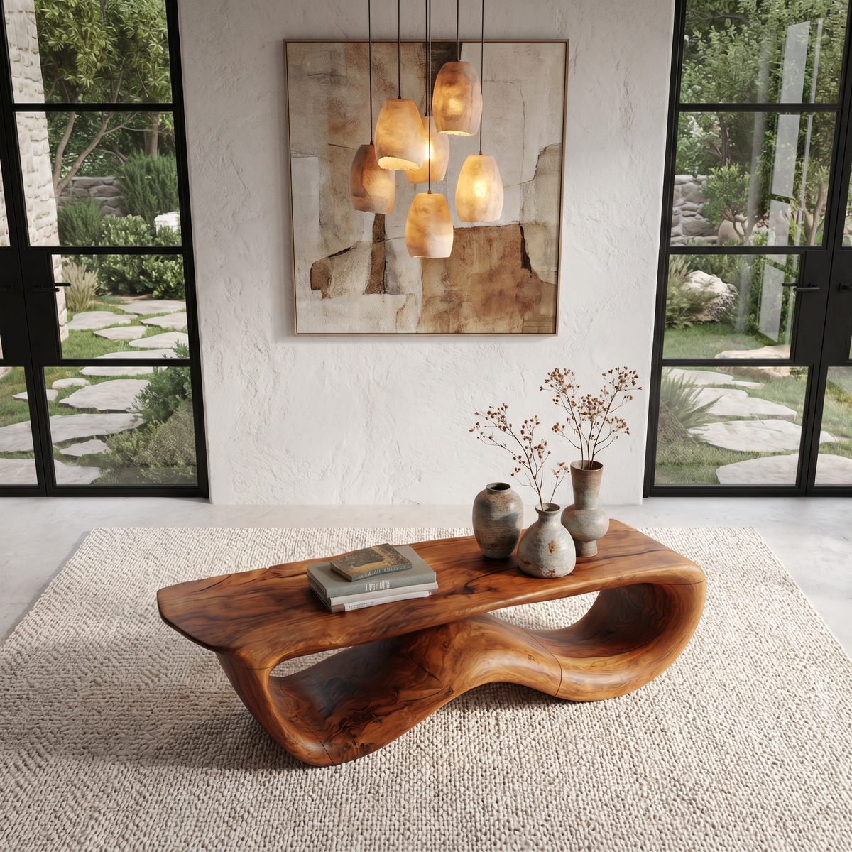 Contemporary Coffee Table with Flowing Solid Wood Silhouette, Organic Handcrafted Living Room Center Table, Model