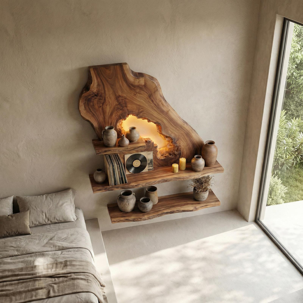 Sculptural Floating Wall Shelf, Modern Solid Wood Wave Display Ledge for Entryway, Living Room Art Decor