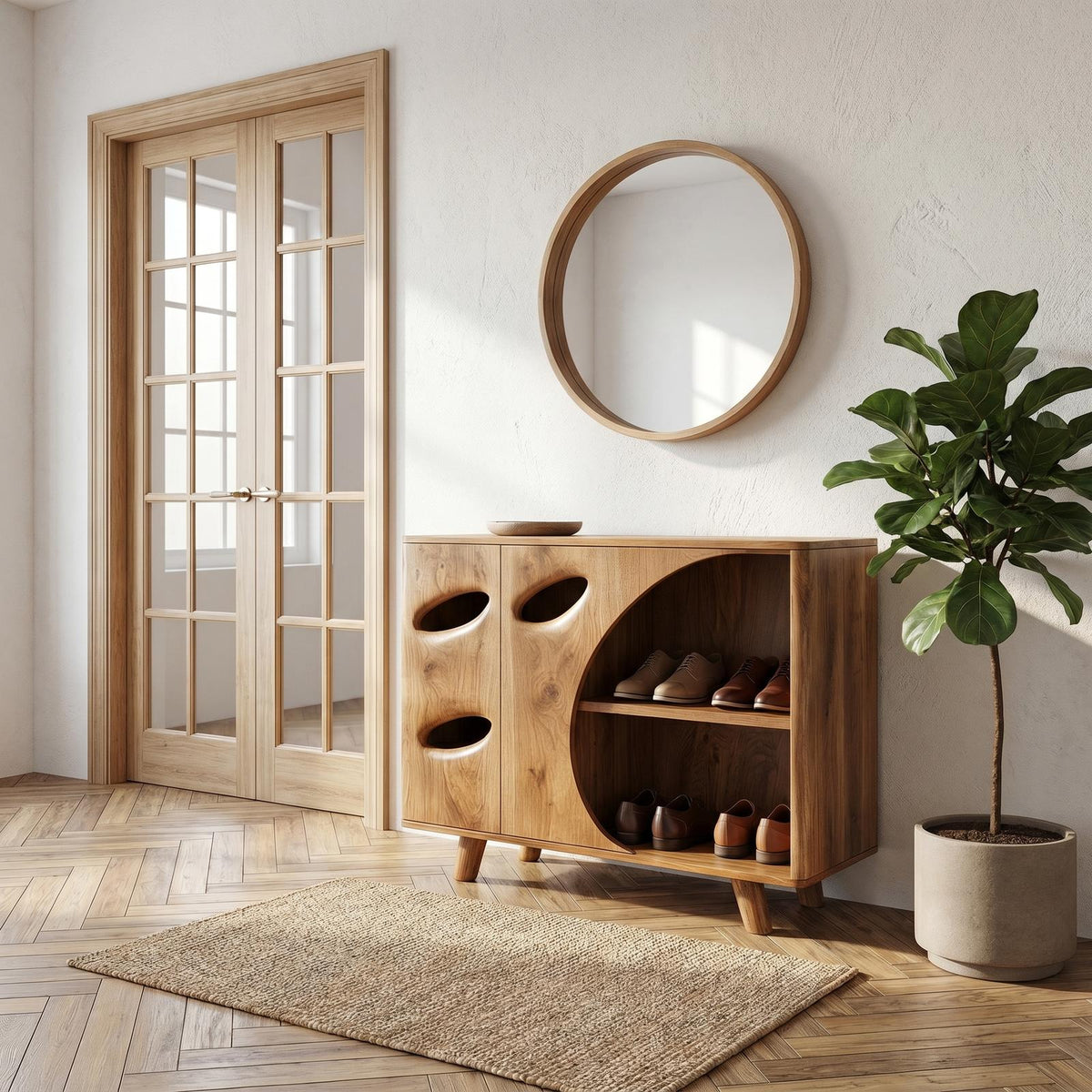 Spry Interior Mid Century Wood Shoe Cabinet, Organic Cutout Entryway Shoe Organizer Rack with Doors, SINLHASB097