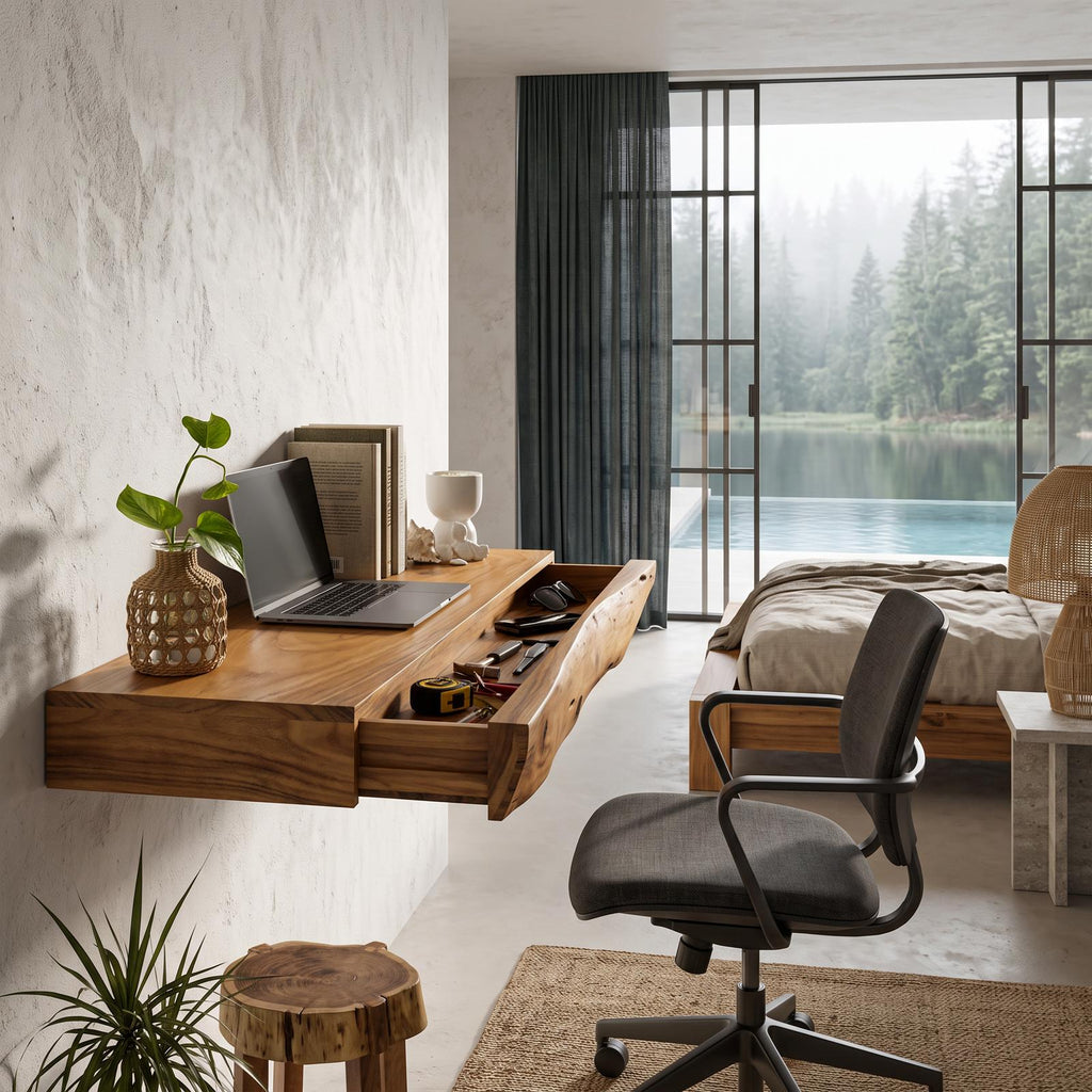 Rustic Floating Desk With Live Edge Design For Home Office And Workspace