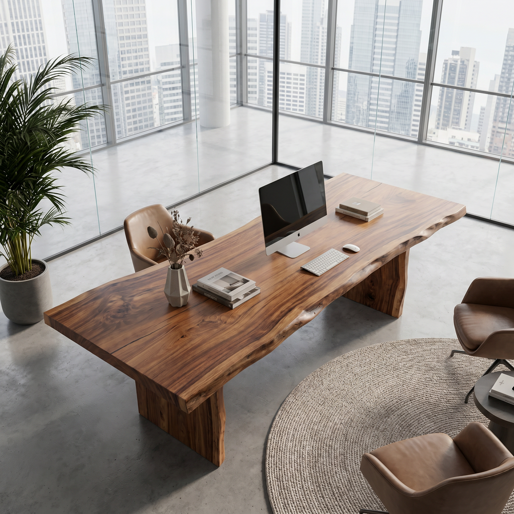 Rustic Live Edge Wooden Desk with Solid Wood Pedestal Base, Natural Edge Executive Office Computer Table