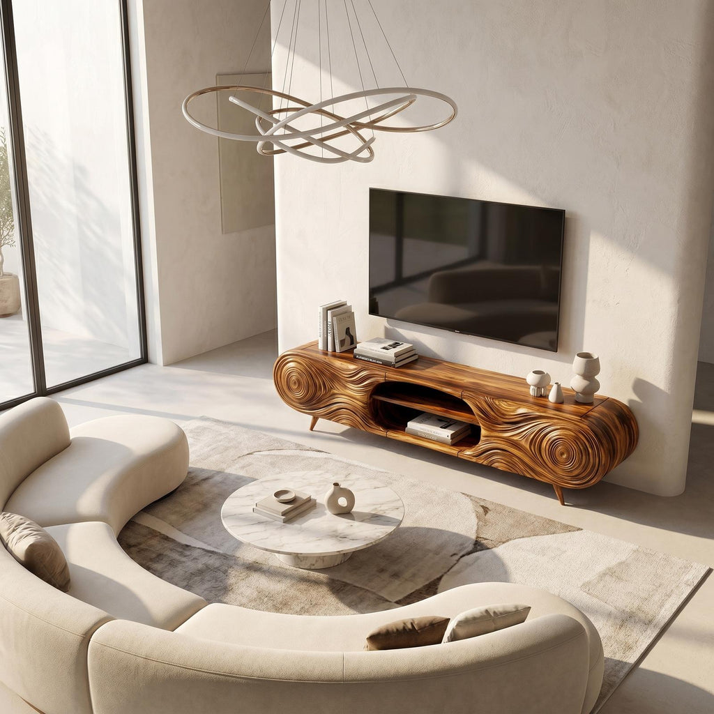 Organic Modern TV Cabinet, Handcrafted Sculptural Wood Grain Media Console Board with Storage for Living Room, Model