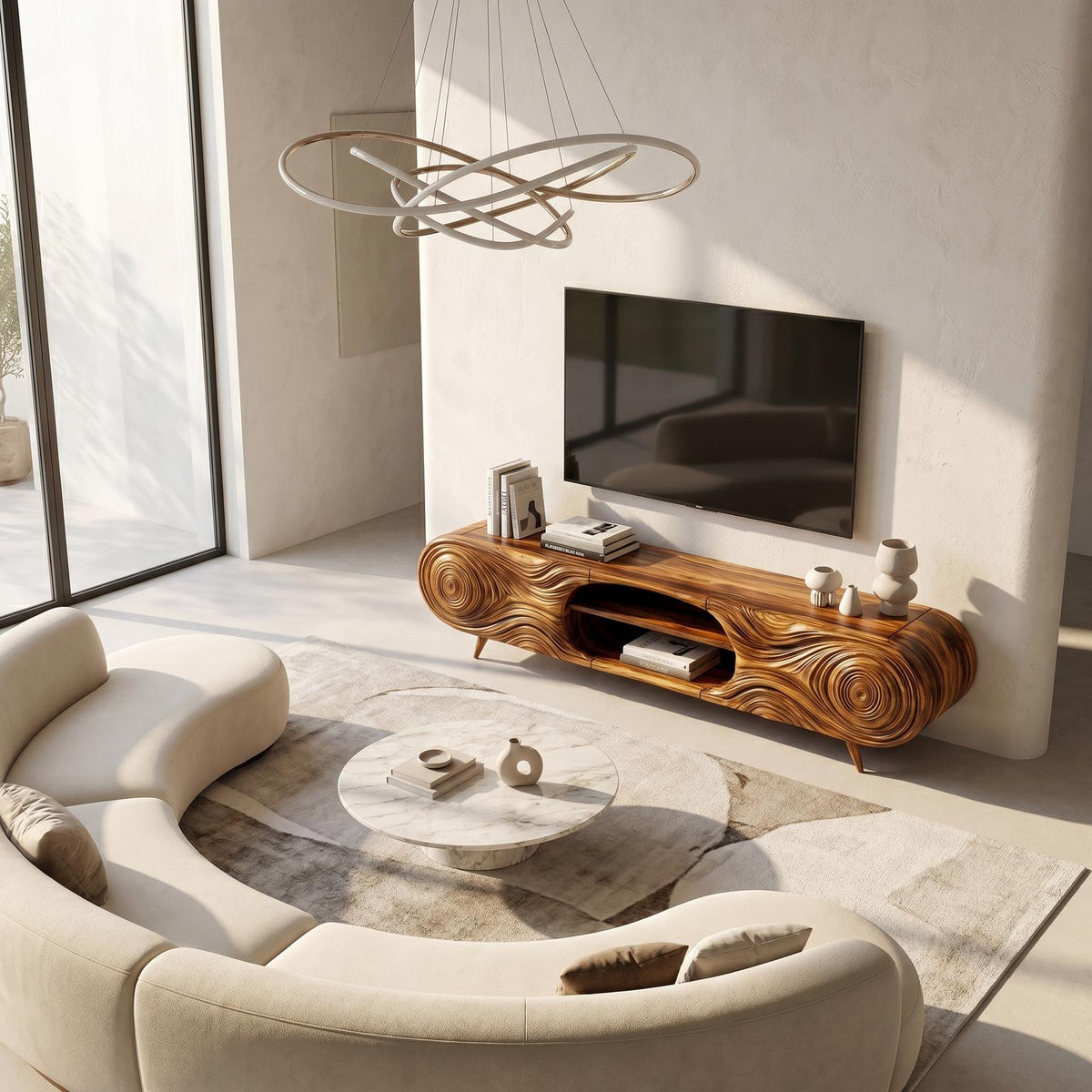 Organic Modern TV Cabinet, Handcrafted Sculptural Wood Grain Media Console Board with Storage for Living Room, Model