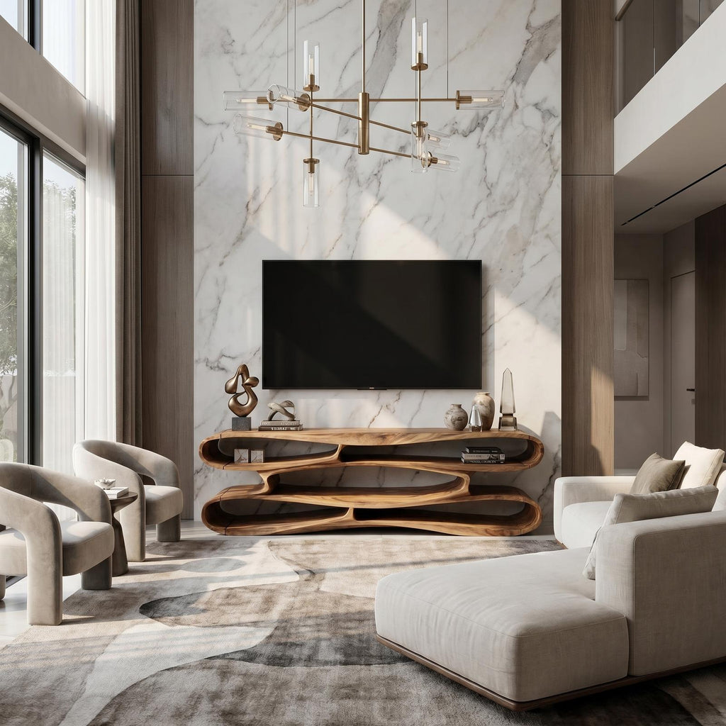 Sculptural Solid Wood TV Cabinet, Handcrafted Nature-Inspired Floating Media Console for Living Room TV Stand, Model