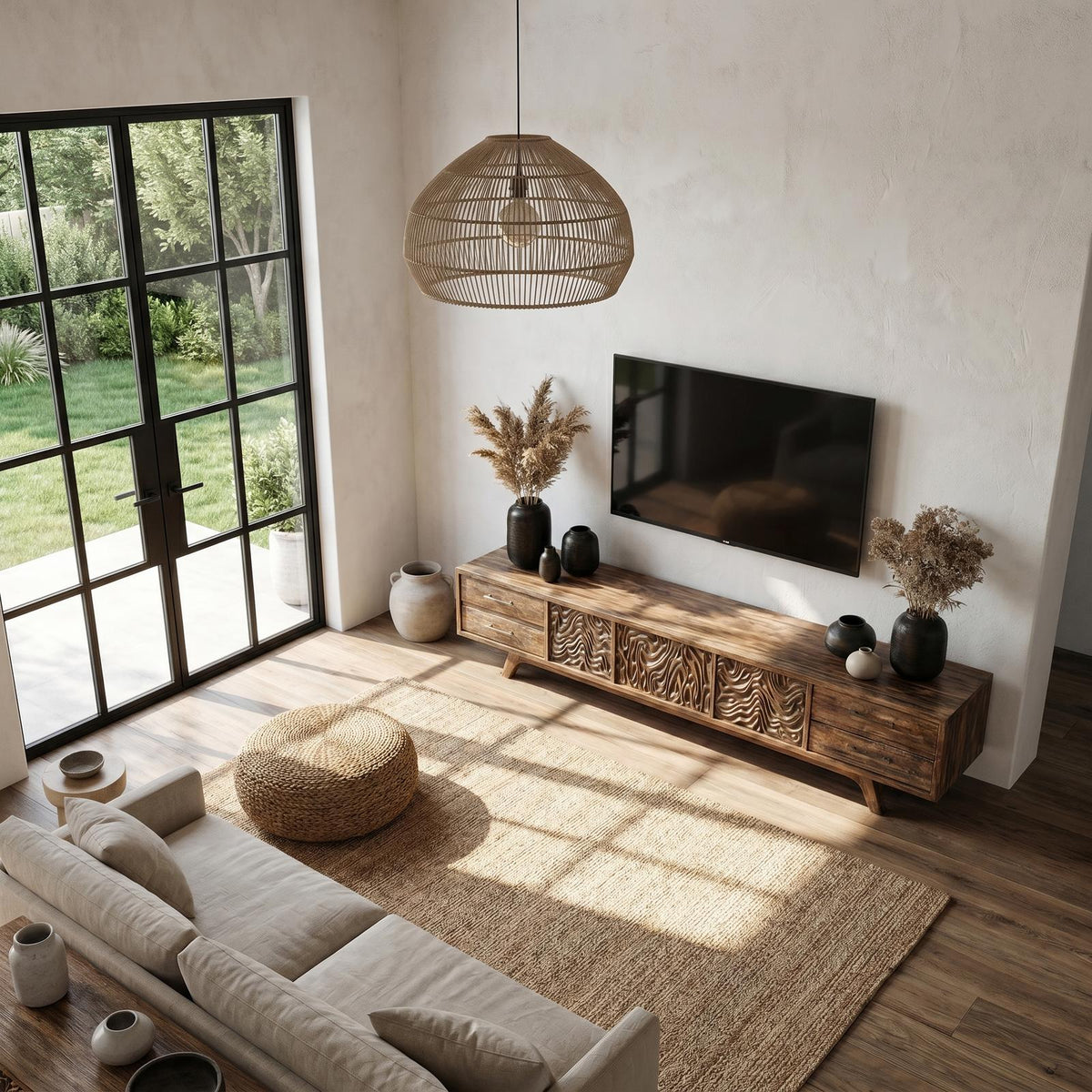 Rustic Solid Wood TV Cabinet, Handcrafted Nature-Inspired Branch Shape Media Console Table for Living Room, Model