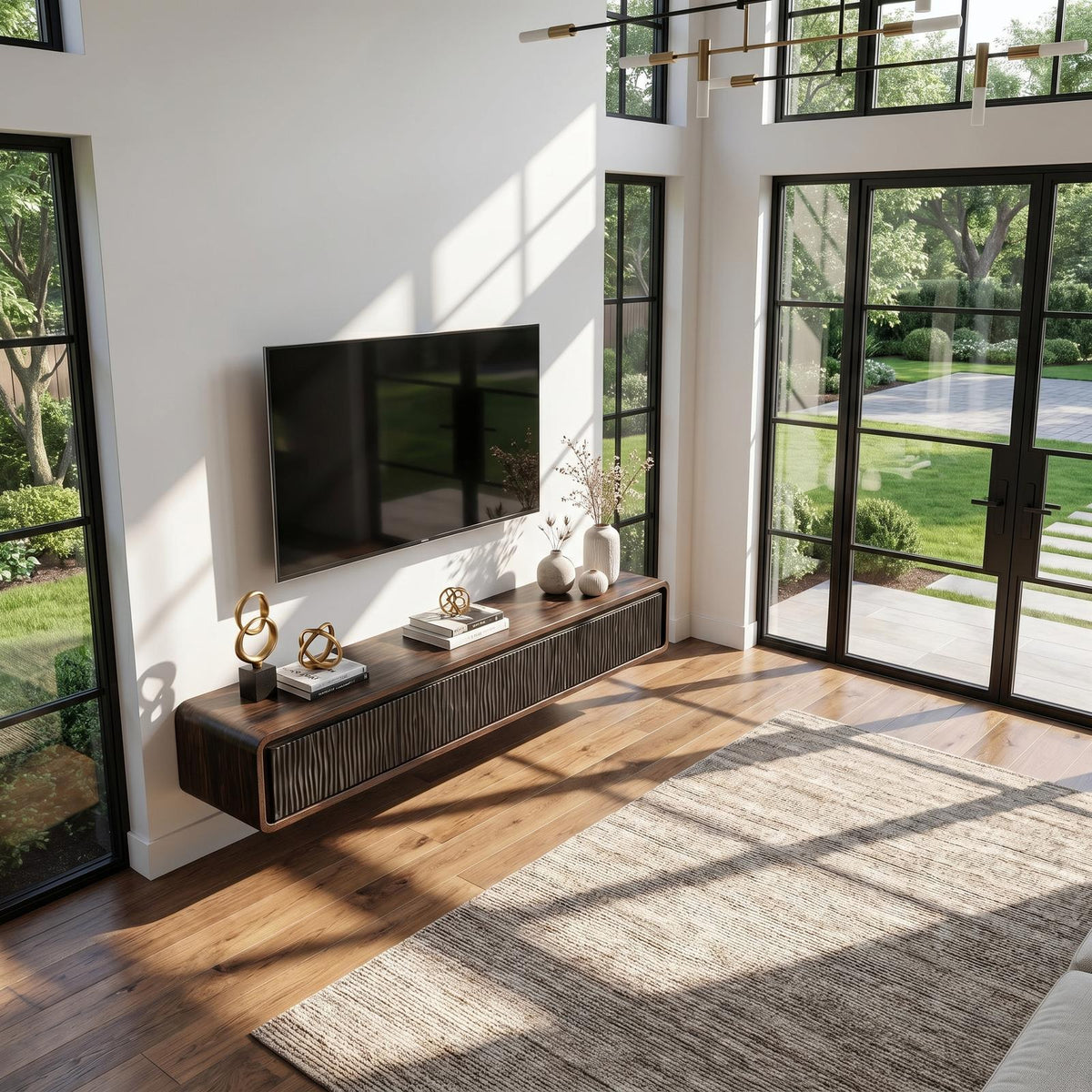 Organic Modern Wall Mounted TV Cabinet, Handcrafted Solid Wood Floating Media Console Entertainment Center, Model