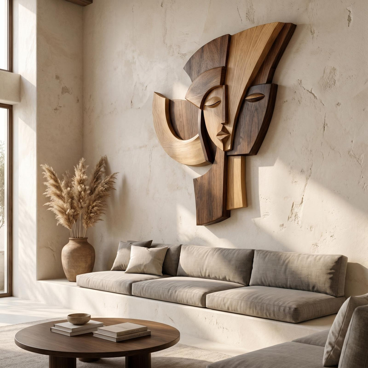 Spry Interior Abstract Wooden Face Wall Decor Panel, Handcrafted Modern Cubist Silhouette Portrait Art Sculpture for Home, SINLHAWD069