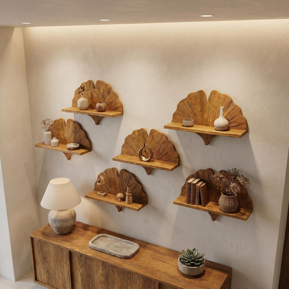Spry Interior Fan Shape Wooden Floating Wall Shelf, Solid Wood Corner Display & Decorative Mounted Shelf for Living Room, SINLHAFL531