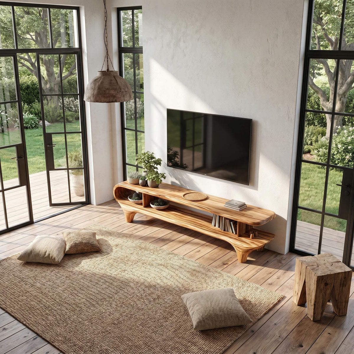 Contemporary Wooden TV Cabinet, Handcrafted Organic Curved Frame Media Console for Living Room TV Stand, Model