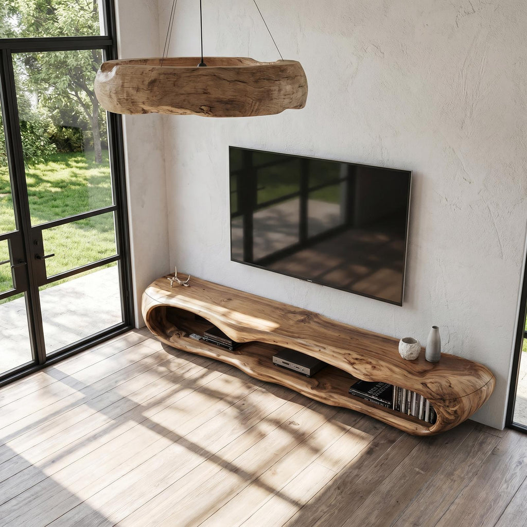 Sculptural Wood TV Cabinet, Handcrafted Nature-Inspired Artistic Media Console Credenza for Living Room, Model