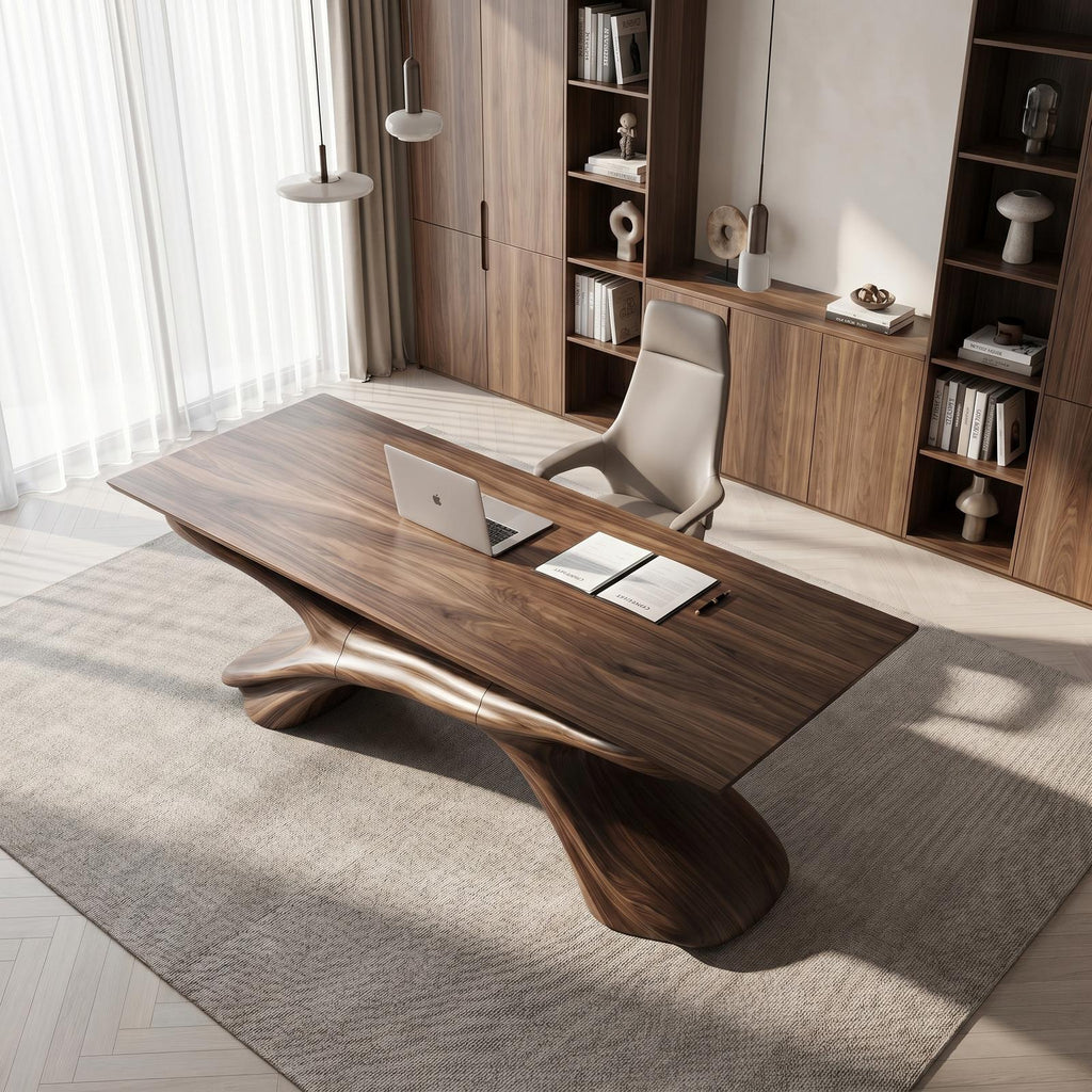 Modern Executive Desk, Handcrafted Sculptural Solid Wood Home Office Computer Writing Workstation Table, Model
