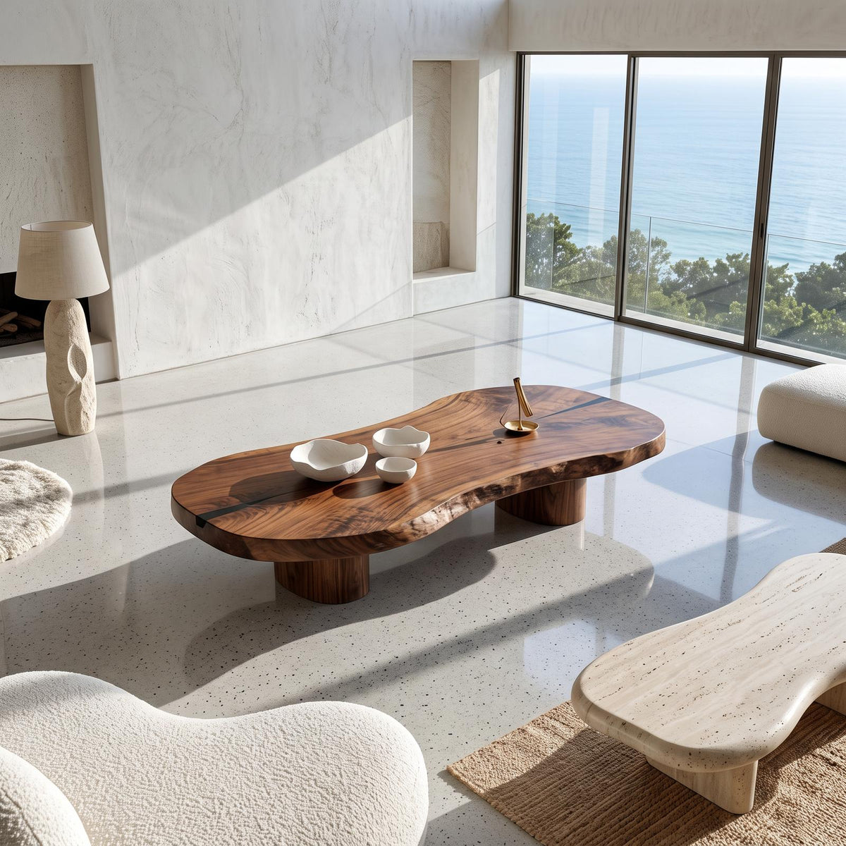 Modern Solid Wood Coffee Table With Sculptural Slab Top For Living Room SINLHACF421