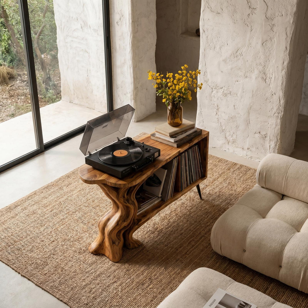 Organic Record Player Stand, Sculptural Tree Root Solid Wood Turntable Station with Vinyl Storage