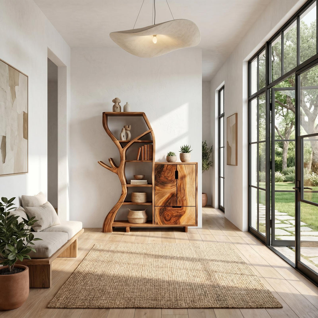 Rustic Storage Cabinet With Tree Bookshelf And Display Shelves For Entryway
