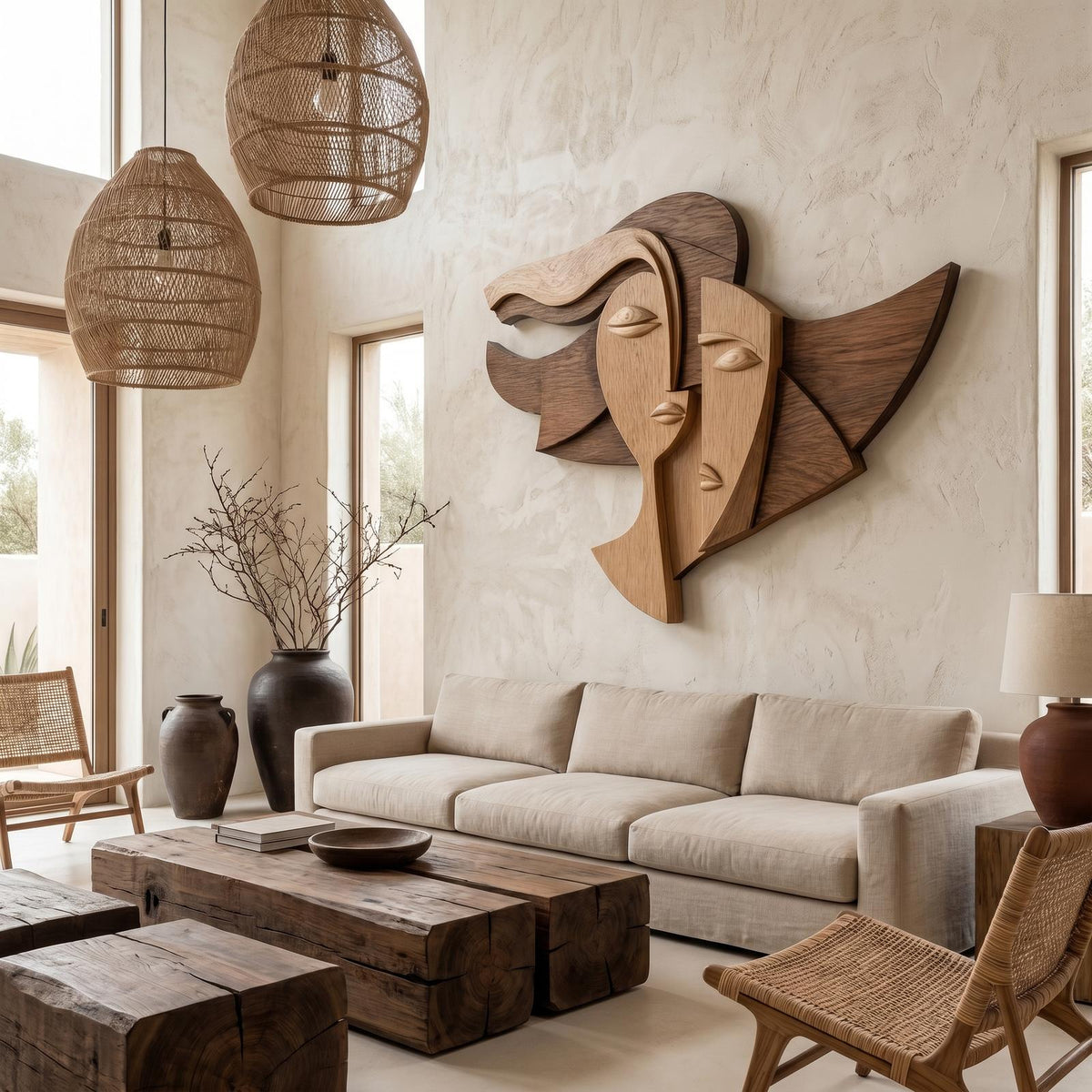 Spry Interior Cubism Style Face Wood Wall Decor Panel, Abstract Handcrafted Portrait Art Sculpture for Living Room Office, SINLHAWD070