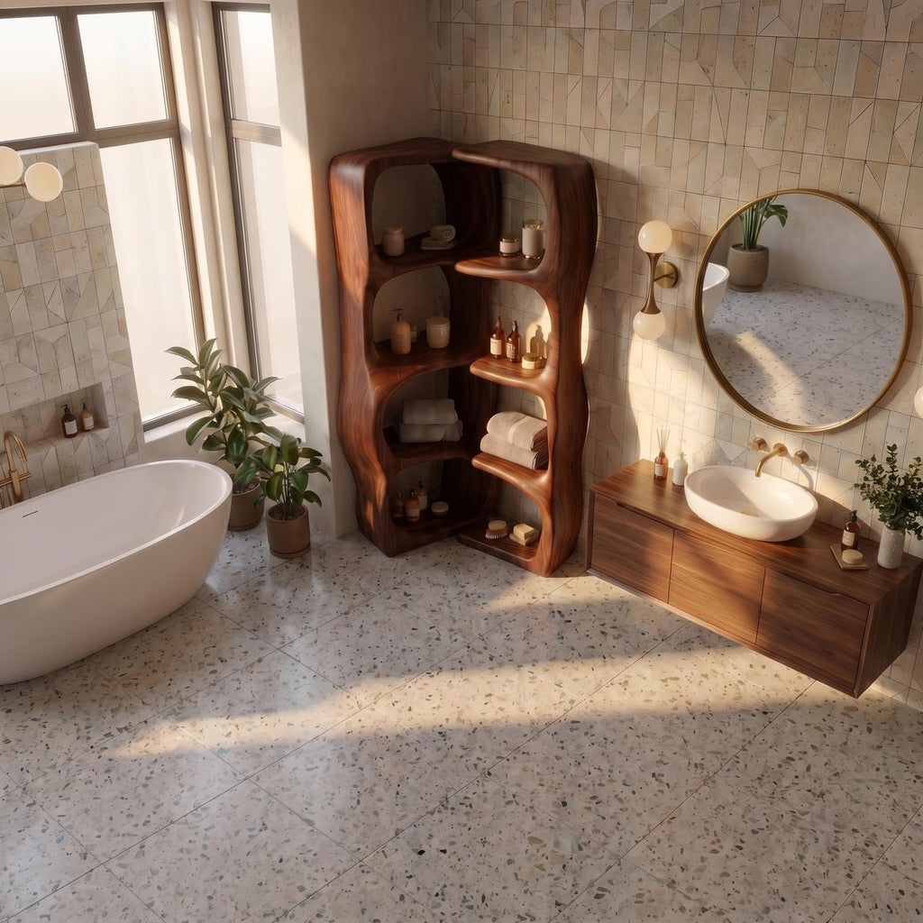 Sculptural Wood Bathroom Cabinet, Freeform Curved Shelves Standing Storage Organizer Cabinet