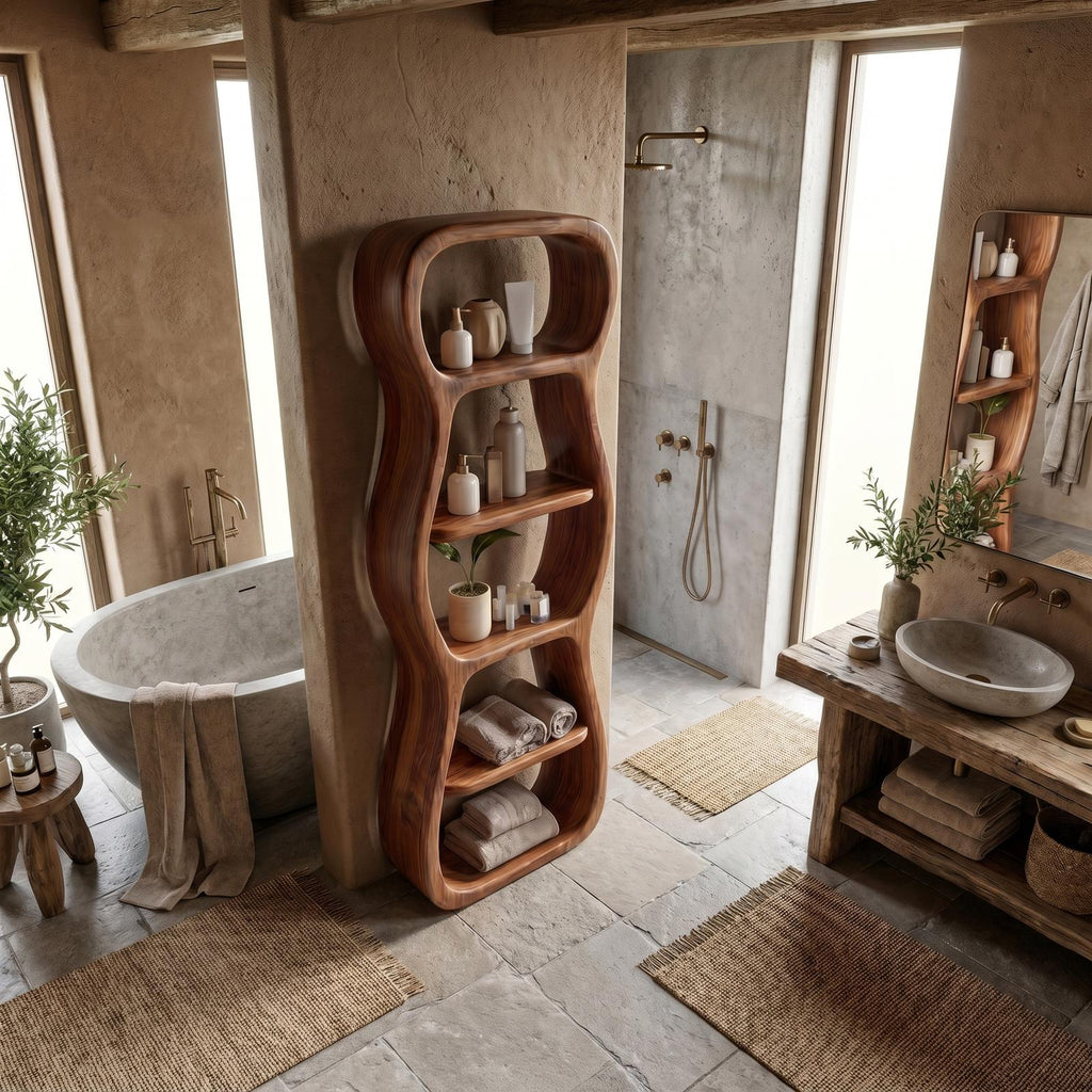 Contemporary Bathroom Storage Cabinet, Sculptural Wood Shape Floor Standing Cabinet with Shelves