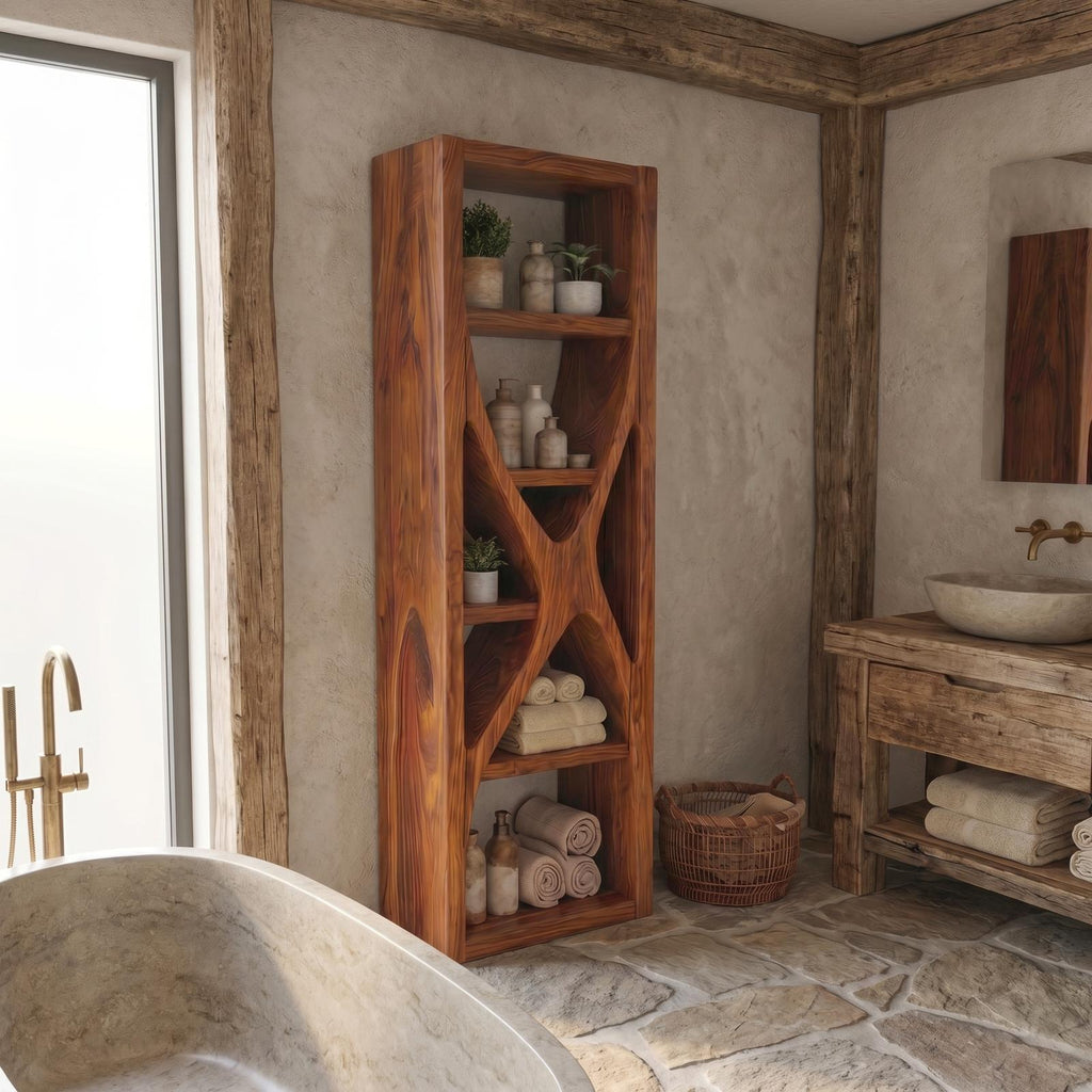Rustic Bathroom Storage Cabinet, Natural Wood Branch Structure Floor Cabinet with Shelves