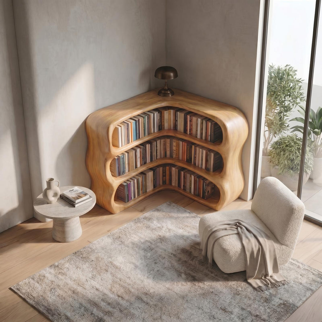 Modern Curved Bookshelf, Sculptural Wooden Open Shelf Bookcase Display for Living Room & Bedroom