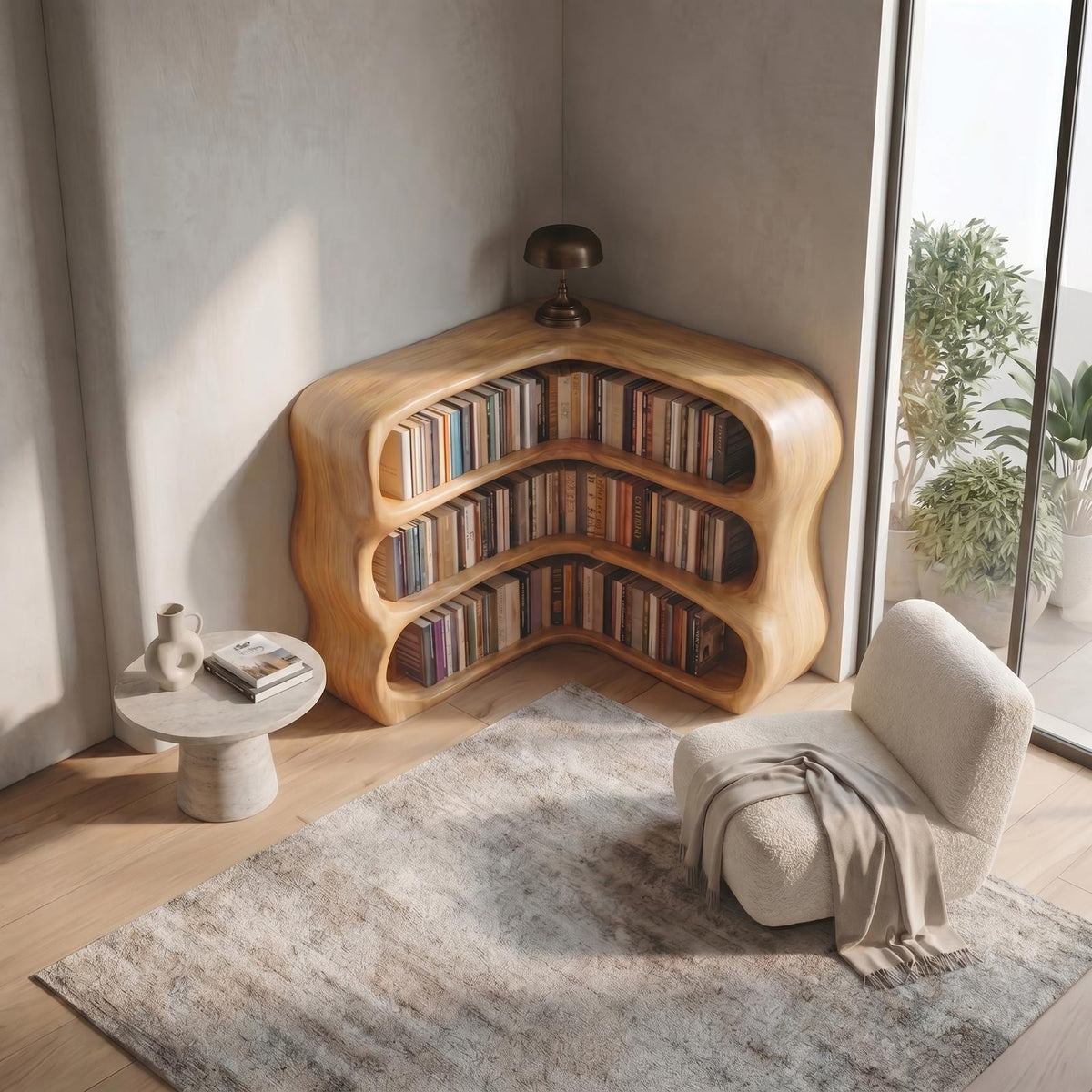 Modern Curved Bookshelf, Sculptural Wooden Open Shelf Bookcase Display for Living Room & Bedroom