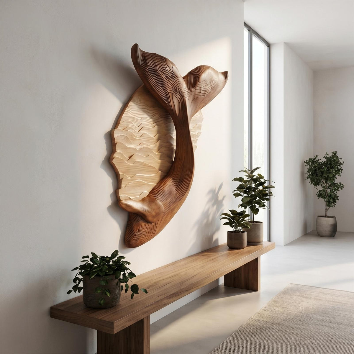 Organic Whale Tail Wooden Wall Art, Handcrafted Coastal Nautical Marine Decor for Bedroom & Living Room