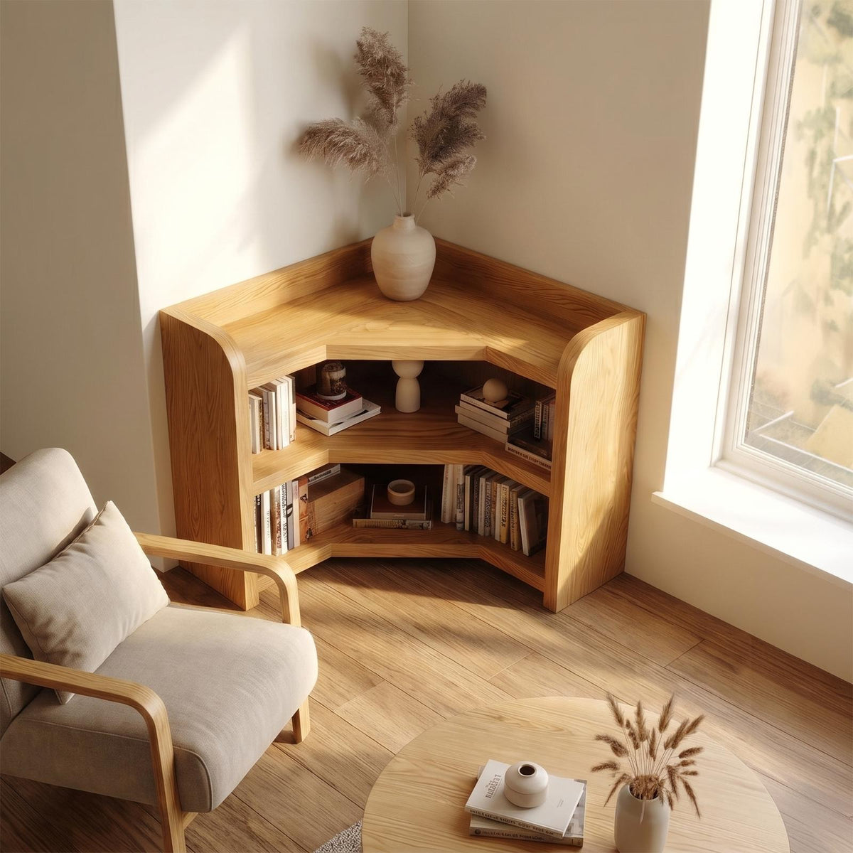 Natural Wooden Bookshelf with Rounded Edges, Open Solid Wood Shelving Display for Living Room & Bedroom
