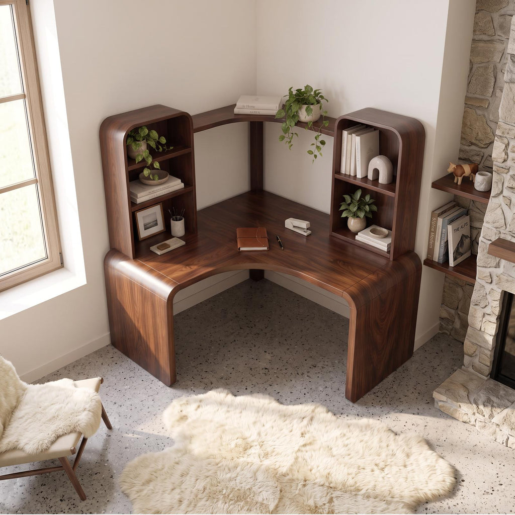 Contemporary Computer Desk With Corner Bookcase For Workspace