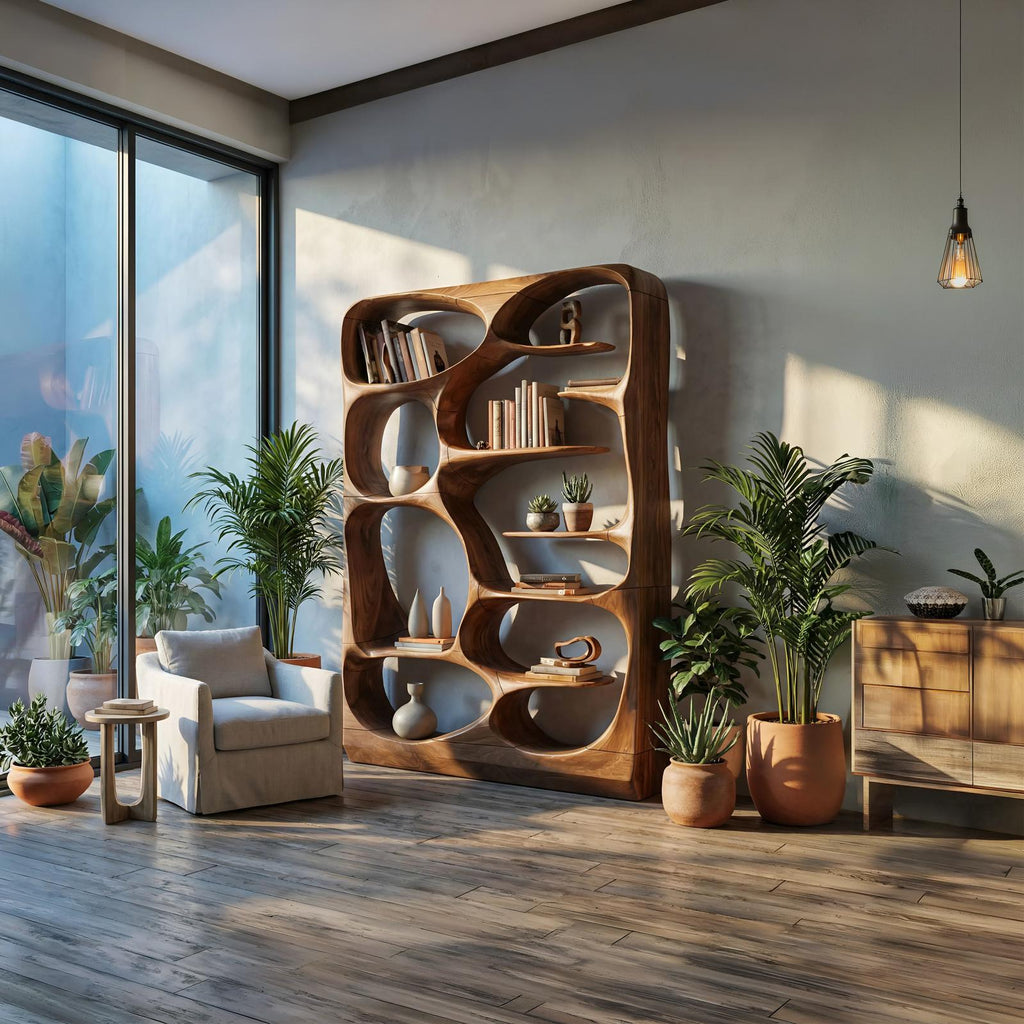 Modern Sculptural Wood Bookshelf, Handcrafted Artistic Storage Organizer Display Case Cabinet for Living Room