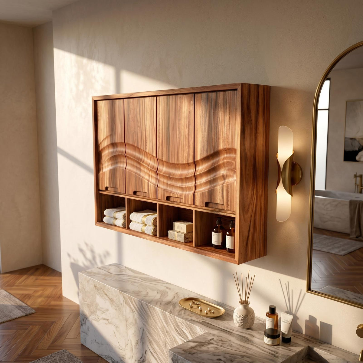 Spry Interior Coastal Wood Wave Front Bathroom Cabinet, Beach House Vanity & Restroom Storage Credenza, SILDTTRBRC007