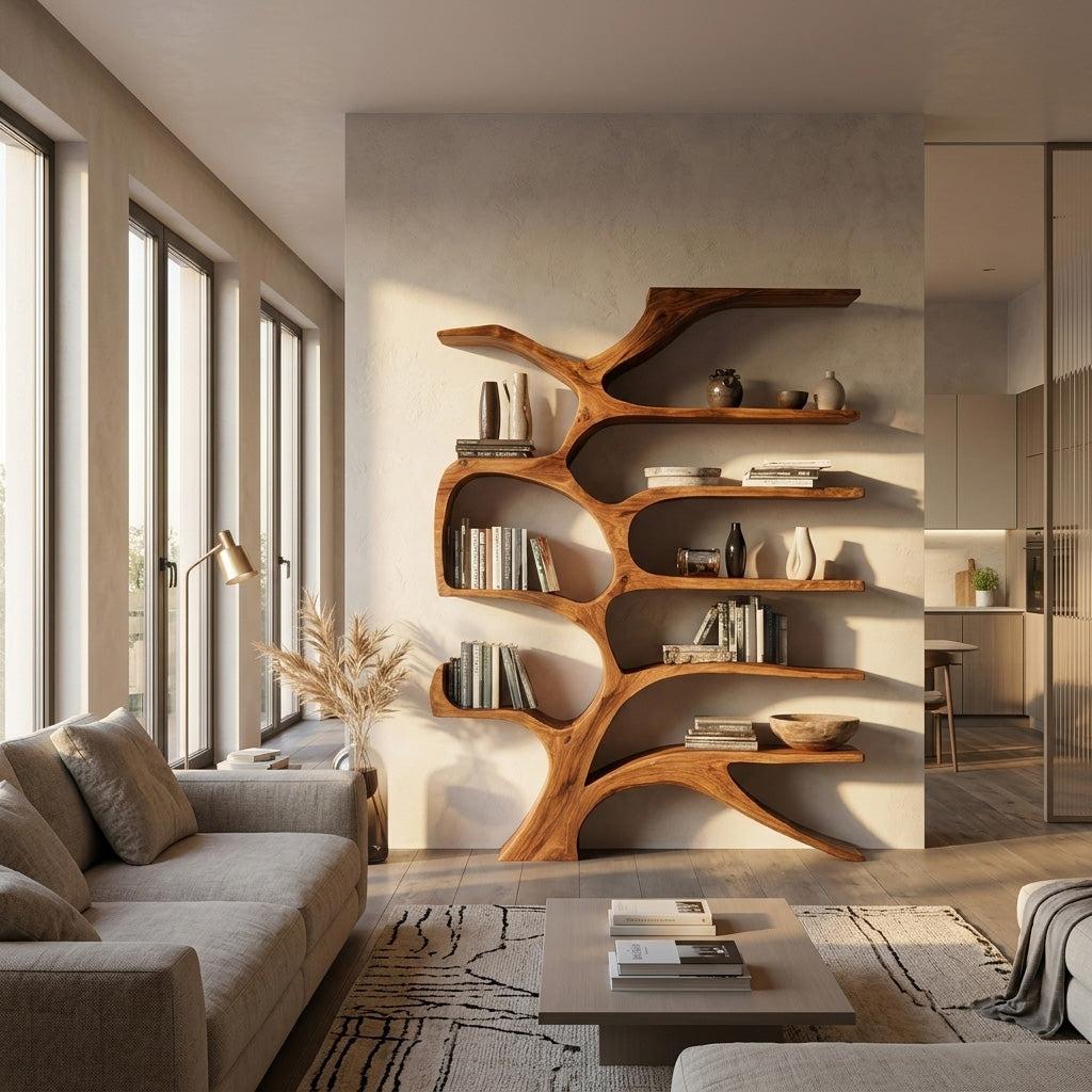Contemporary Sculpted Wooden Bookshelf For Living Room Decor RTTHHNBS153