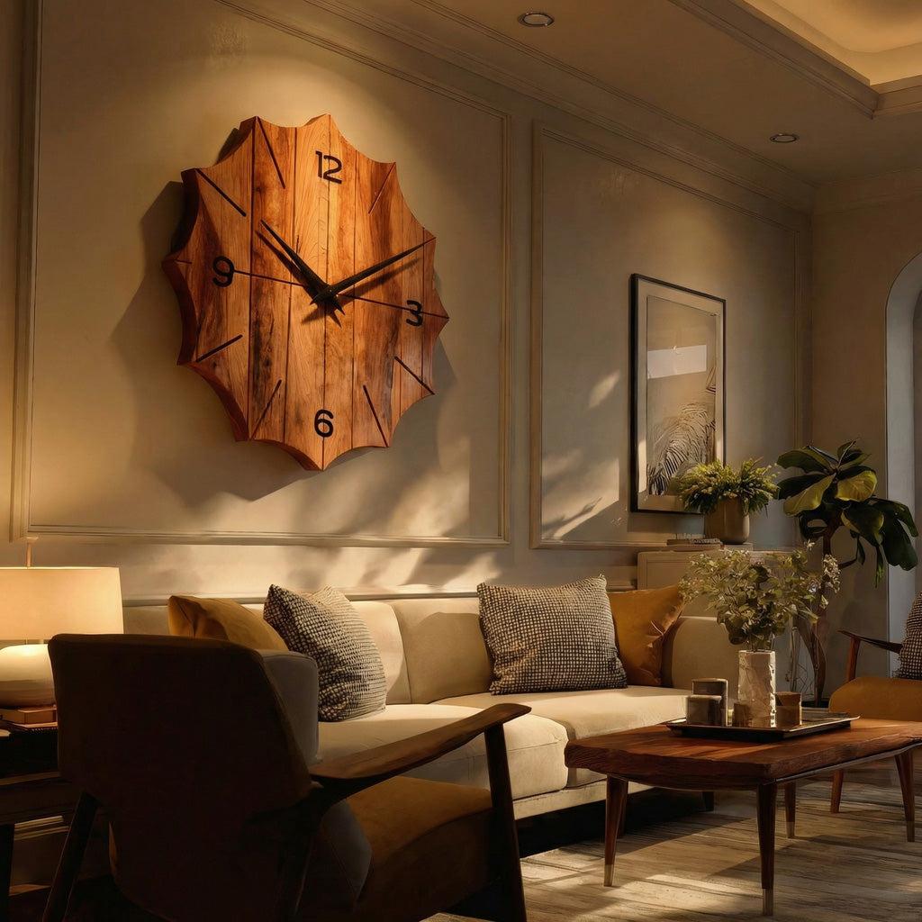 Organic Wooden Wall Clock, Handcrafted Solid Wood Floating Minimalist Timepiece for Living Room Decor