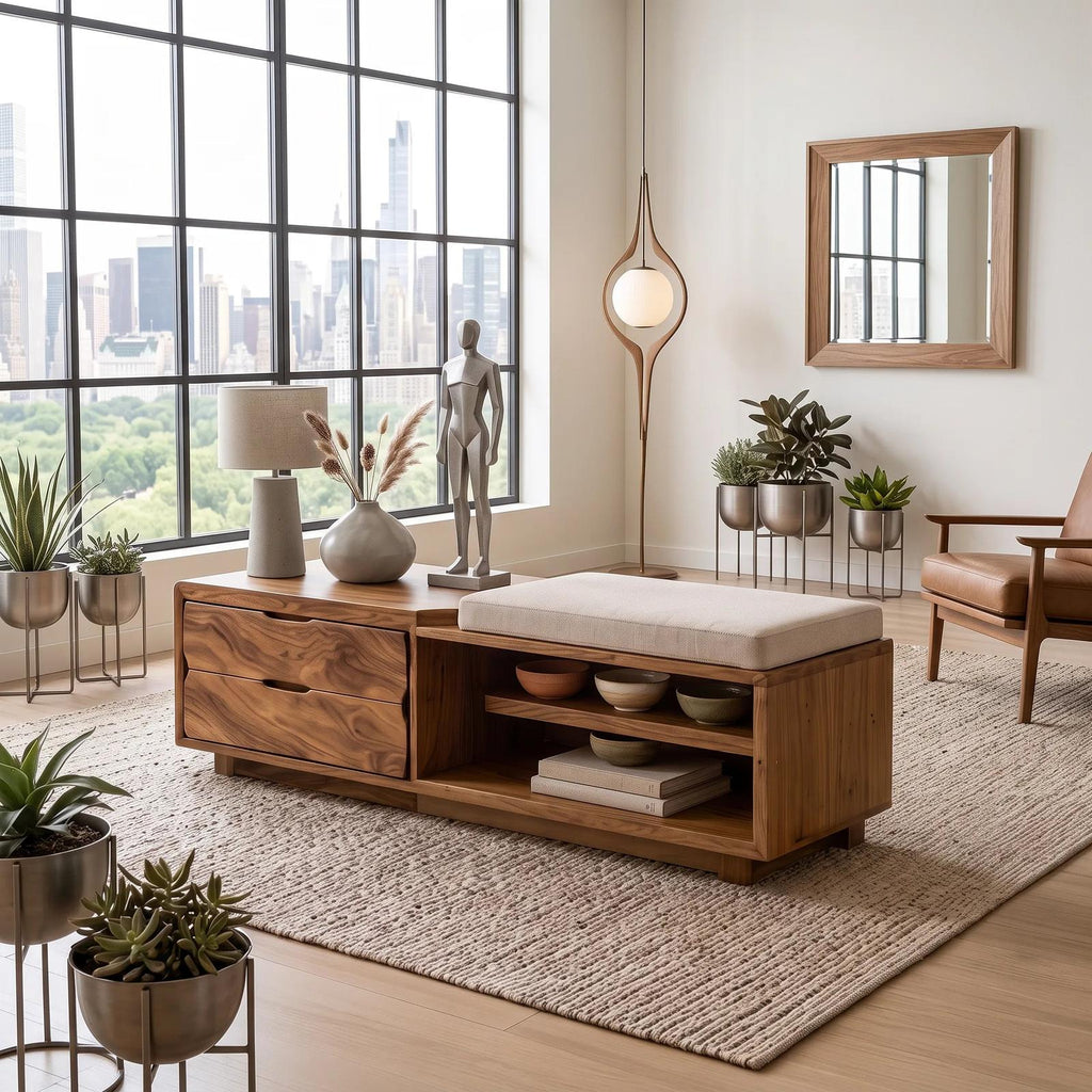 Natural Wood Storage Bench Cushion Drawers For Bedroom