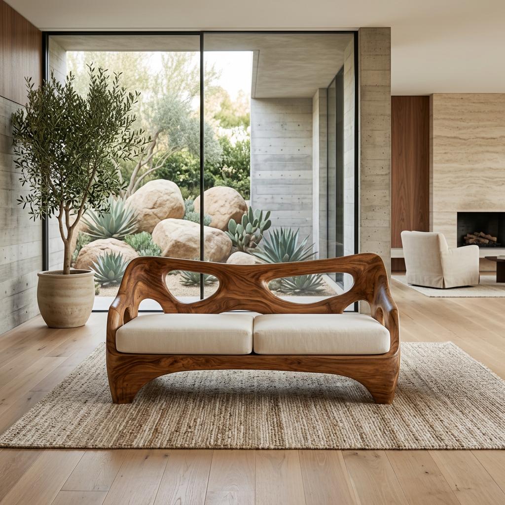 Luxury Wooden Sofa with Sculptural Design - Handcrafted Solid Wood Couch for Living Room, Lounge Furniture, Model
