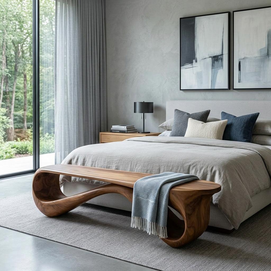 Contemporary Natural Wood Bench, Rustic Entryway Hallway Seating, Solid Timber Accent Dining Bench for Home